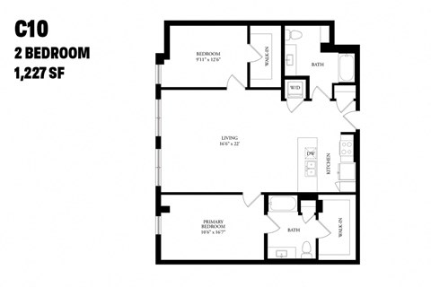Floor plan for 2 beds, 2 baths, 1227 sqft